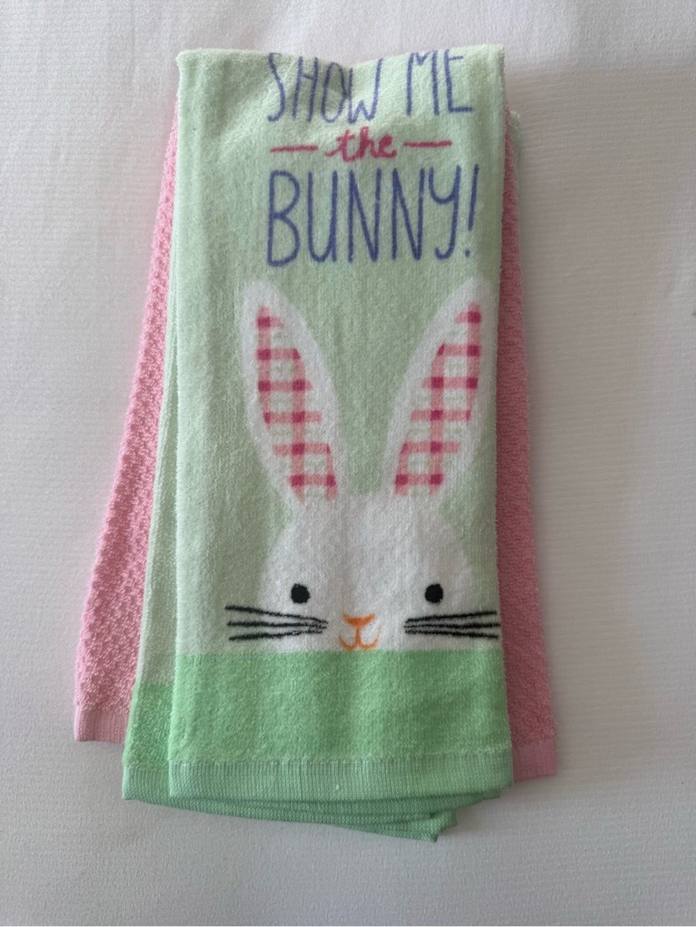 Show Me the Bunny! Easter Bunny Kitchen Towel - Pink & Mint